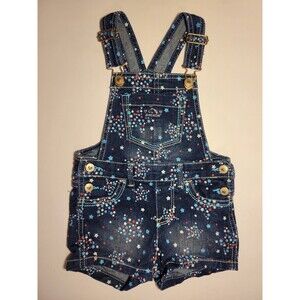 Vtg Jordache Girls Denim Star Print Overalls Jean Shorts Size 3T Dark Wash Blue